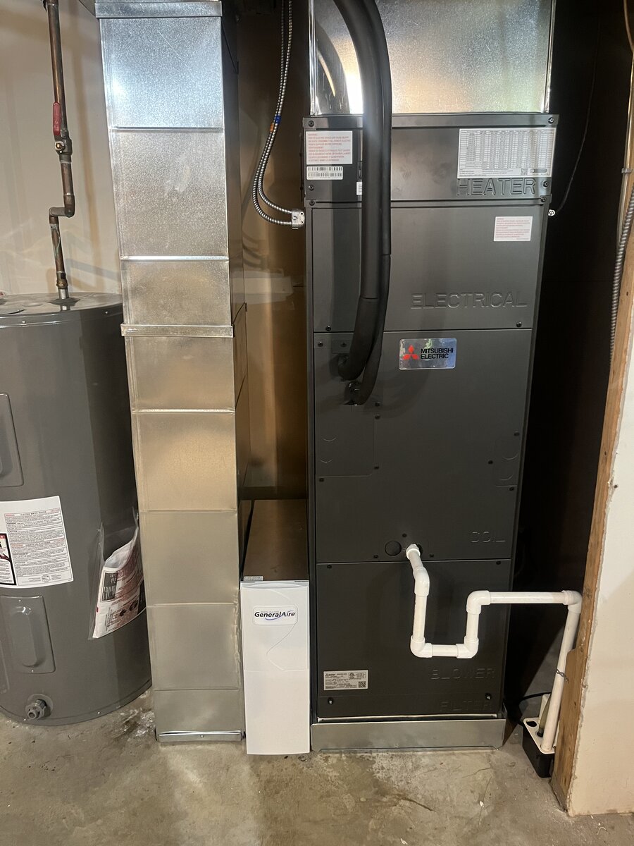 Mitsubishi air handler installed beside water heater with GeneralAire humidifier