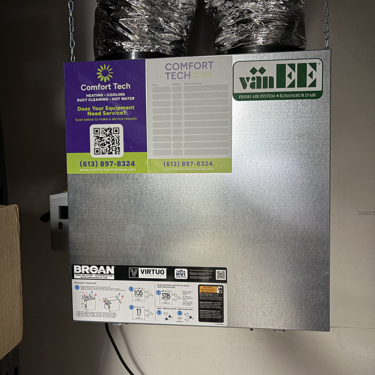 VanEE Broan Virtuo HRV installation with Comfort Tech service sticker