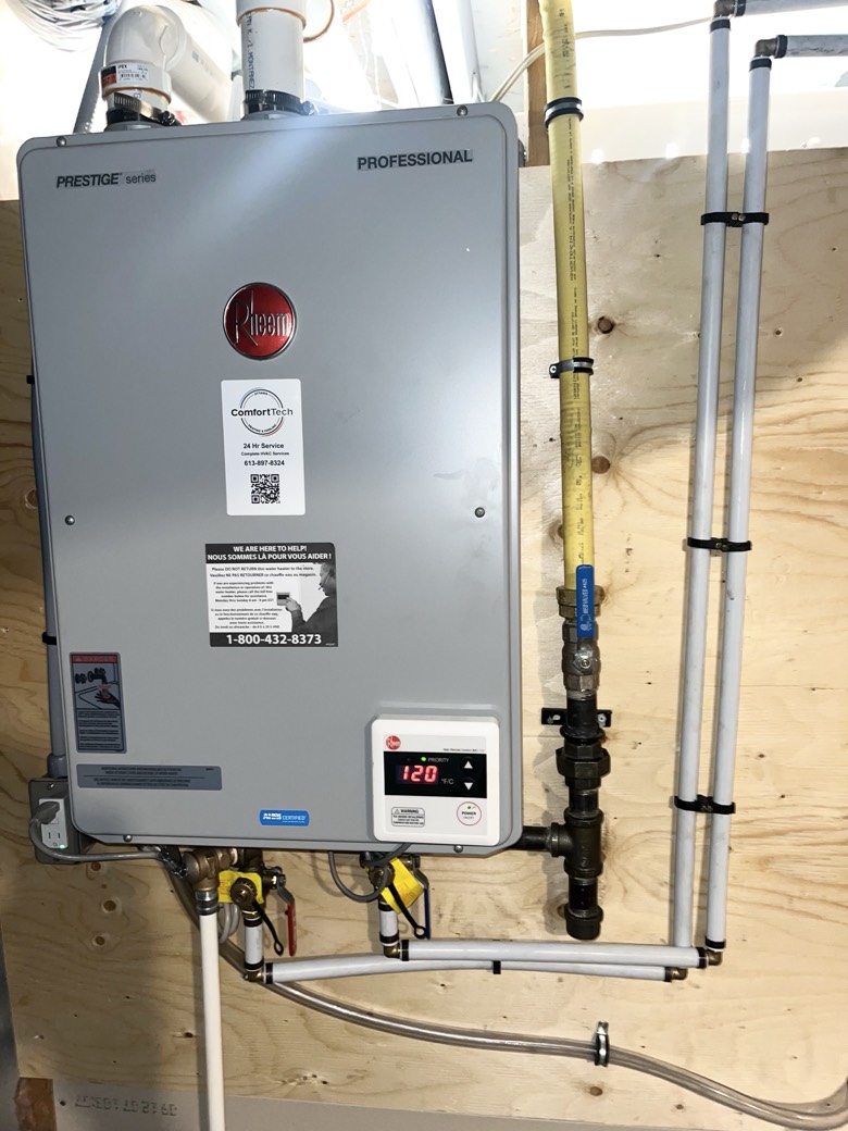 Rheem tankless water heater wall-mounted installation with copper piping
